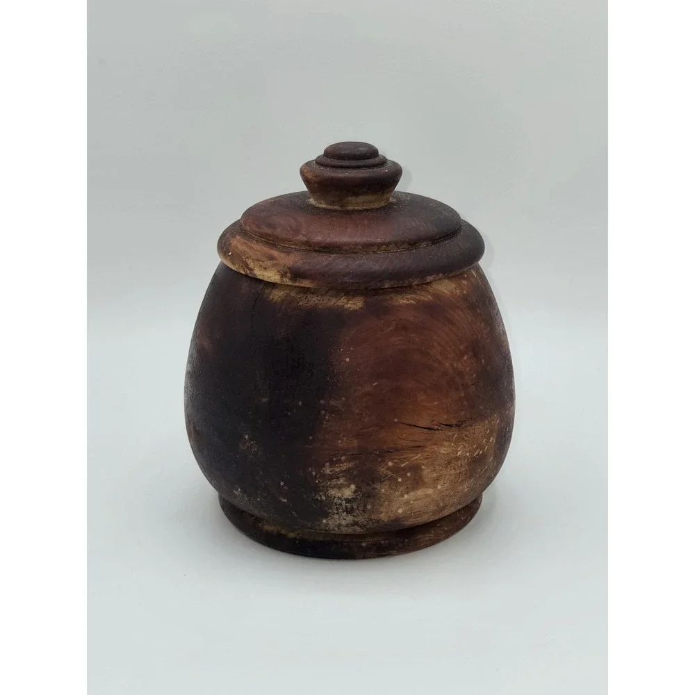 Vintage Hand Turned Wood Lidded Pot‎ Bowl Rustic Wooden Container 5.5
